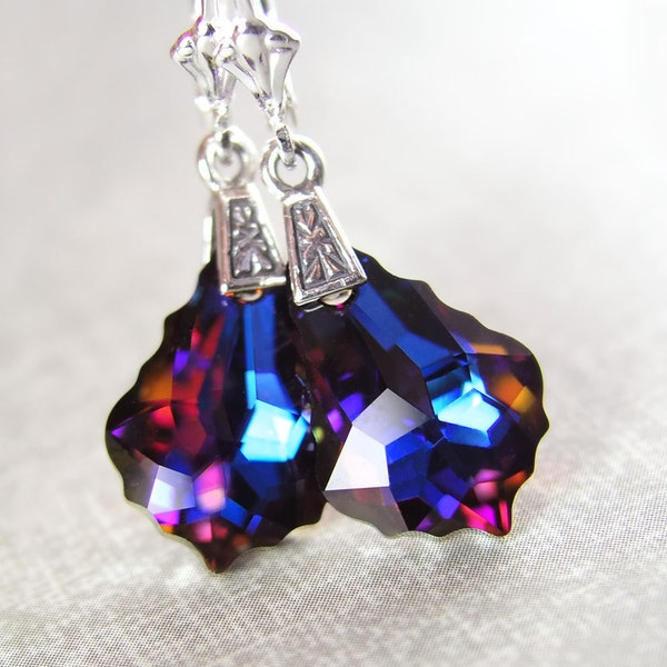 Volcano Earrings Sterling Silver RARE Swarovski Crystal Earrings Cobalt Blue Rust Red Purple Baroque Crystal Earrings