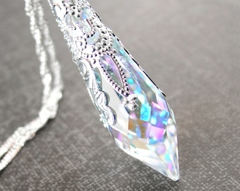Vintage Swarovski Aurora Borealis Crystal Necklace • Sterling Silver Chain • RARE Prism Pendant • Victorian Teardrop Jewelry Gift for Her