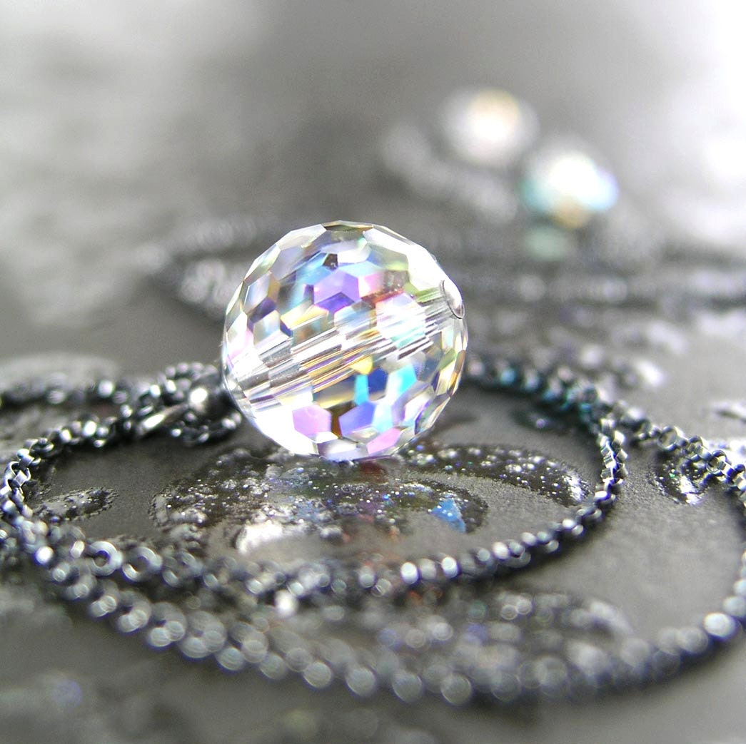 Clear AB Swarovski Crystal Ball Pendant Necklace, Sterling