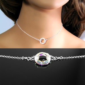 Eternity Circle Necklace, Sterling Silver, RARE Aurora Borealis Swarovski Clear Crystal AB, Open Circle, Ring Karma Minimalist Jewelry