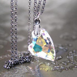 Aurora Borealis Heart Pendant Necklace, Dark or Bright Sterling Silver, RARE Swarovski Crystal AB Charm, Mothers Day, Valentines Day Jewelry