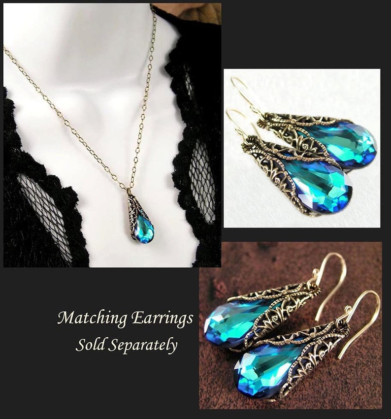 Ocean Blue Crystal Teardrop Necklace, RARE Swarovski Crystal, Aqua Peacock Blue Pendant, Antique Gold Filigree, Victorian Style Jewelry image 5