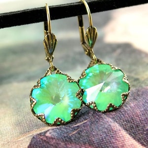 Mint Lime Aurora Green Earrings, RARE Swarovski Crystal, Antique Gold Drop Dangle Earrings