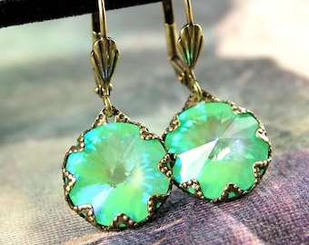 Mint Lime Aurora Green Earrings, RARE Swarovski Crystal, Antique Gold Drop Dangle Earrings