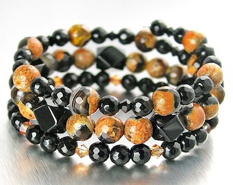 Black Onyx and Agate Beaded Bracelet, Orange Black Gemstone Multi Strand Memory Wire Wrap Bracelet, Boho Jewelry