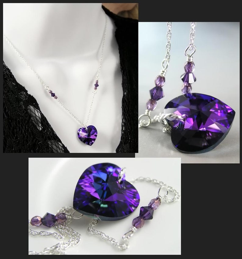 Purple Swarovski Crystal Heart Pendant Necklace, Sterling Silver, RARE Dark Iris Amethyst Charm, February Birthstone Valentines Day Jewelry image 4