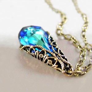 Ocean Blue Crystal Teardrop Necklace, RARE Swarovski Crystal, Aqua Peacock Blue Pendant, Antique Gold Filigree, Victorian Style Jewelry