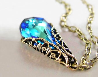 Ocean Blue Crystal Teardrop Necklace, RARE Swarovski Crystal, Aqua Peacock Blue Pendant, Antique Gold Filigree, Victorian Style Jewelry