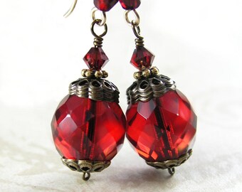 Garnet Red Drop Earrings, Bohemian Glass & Antique Gold Dangle Earrings, January Birthstone, Vintage Style Jewelry