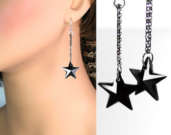 Black Crystal Star Earrings, Sterling Silver, RARE Swarovski Jet Black Star Dangle Drop Earrings, Galaxy Celestial Jewelry