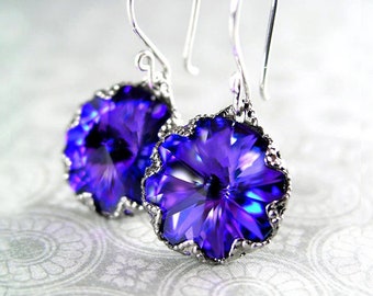 RARE Swarovski Crystal Iris Blue Purple Drop Earrings, Sterling Silver, Dark Deep Blue Purple Dangle Earrings, Swarovski Jewelry