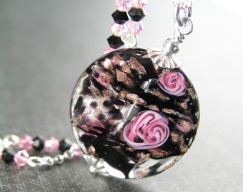 Rose Pink & Black Murano Glass Pendant Necklace, Sterling Silver, Authentic Venetian Glass Charm, Artisan Handmade Jewelry