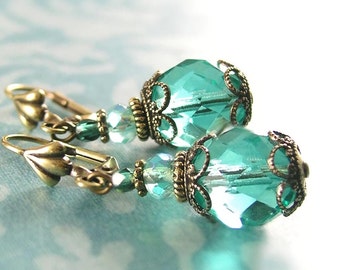 Sea Green Blue Drop Earrings, Antique Gold Brass, Aquamarine Czech Glass Dangle Earrings, Vintage Style March Birthstone Jewelry