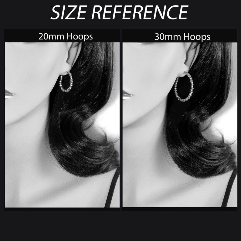 May include: A side-by-side comparison of two hoop earrings, one measuring 20mm and the other 30mm. The earrings are silver and have a simple, classic design.