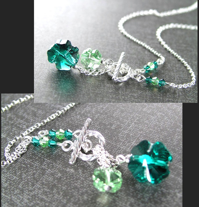 Puede incluir: Un collar de cadena de plata con un dije de tr&eacute;bol verde y un dije de cristal verde m&aacute;s peque&ntilde;o. El collar tiene un cierre de palanca.