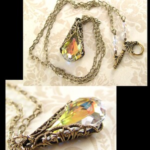 Clear Aurora Borealis Teardrop Necklace, RARE Swarovski Crystal Pendant, Antique Gold Chain & Filigree, Vintage Style Victorian Jewelry image 4