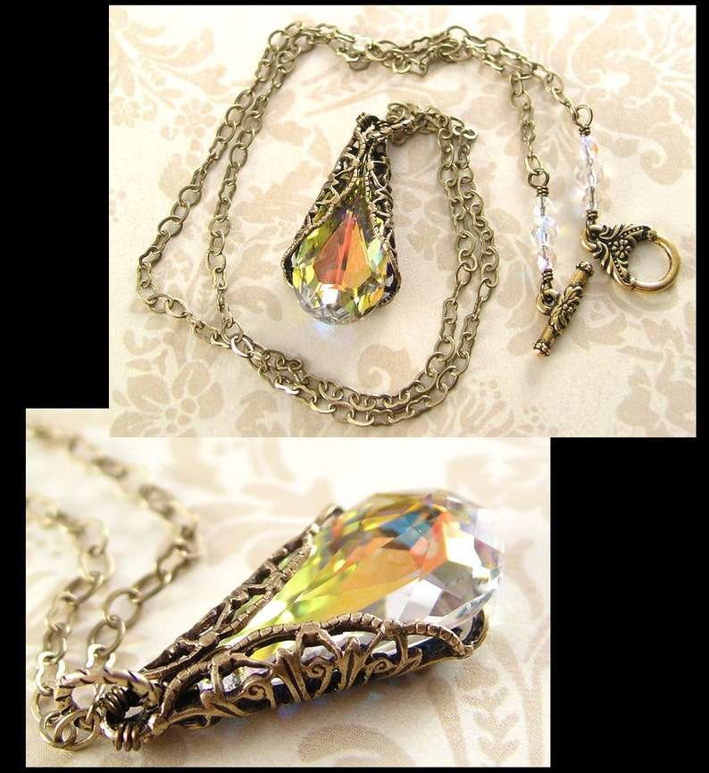 Clear Aurora Borealis Teardrop Necklace, RARE Swarovski Crystal Pendant, Antique Gold Chain & Filigree, Vintage Style Victorian Jewelry image 4