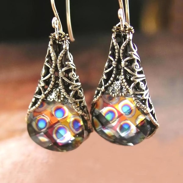 Swarovski Crystal Peacock Earrings Antique Gold Brass Earrings Peacock Eye Dangle Drop Colorful Crystal Earrings Victorian Style Jewelry