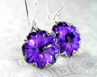 Amethyst Purple Blue Drop Earrings • Sterling Silver Hooks • RARE Swarovski Crystal Dangles • February Birthstone Gift for Her