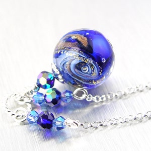 Authentic Cobalt Blue Murano Glass Pendant Necklace, 925 Sterling Silver, Genuine 24k Gold Foil Dark Blue Bead Charm, Venetian Glass Jewelry