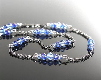 Dainty Sapphire Blue Crystal Choker Necklace, Sterling Silver, Swarovski Crystal Beads, September Birthstone, Delicate Minimalist Jewelry