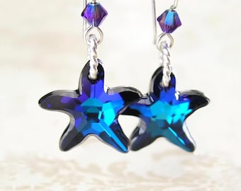 RARE Ocean Blue Swarovski Crystal Starfish Drop Dangle Earrings, Sterling Silver, Peacock Royal Blue Charm, Beach Theme Jewelry