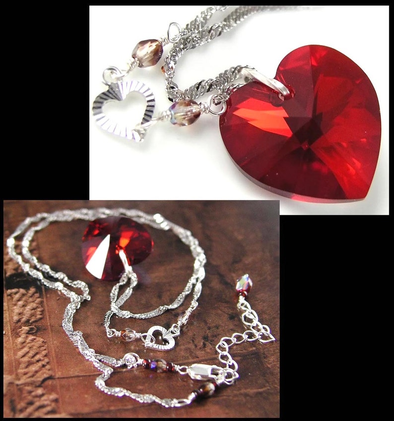 Garnet Red Heart Pendant Necklace, RARE Swarovski Ruby Red Crystal Heart, Sterling Silver, January Birthstone, Valentines Day Jewelry image 2