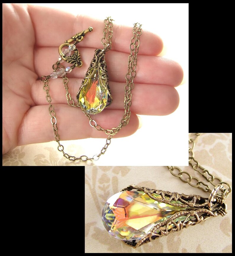 Clear Aurora Borealis Teardrop Necklace, RARE Swarovski Crystal Pendant, Antique Gold Chain & Filigree, Vintage Style Victorian Jewelry image 3