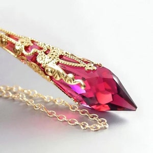 RARE Swarovski Crystal Ruby Pendant Necklace, 14K Gold Fill Chain, July Birthstone, Victorian Style Jewelry, Gift for Her