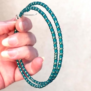 Thin Teal Beaded Hoop Earrings, .925 Sterling Silver Hooks, Stainless Steel, Etched Matte Metallic Bohemian Glass Bead Round Big Boho Hoops