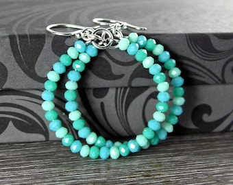 Faceted Turquoise Bohemian Glass Hoop Earrings, Sterling Silver, 30mm Round Blue Green Beaded Hoops, December Birthstone Jewelry