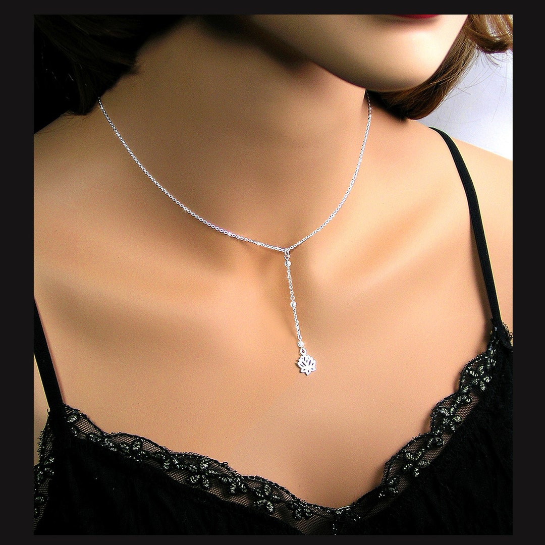 Tiny Sterling Silver Lotus Y Necklace, Ultra Dainty Lotus