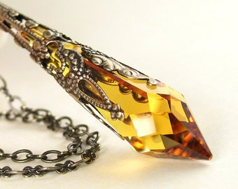 Topaz Crystal Necklace, Antique Gold Brass, RARE Swarovski Crystal Pendant Prism, November Birthstone Jewelry