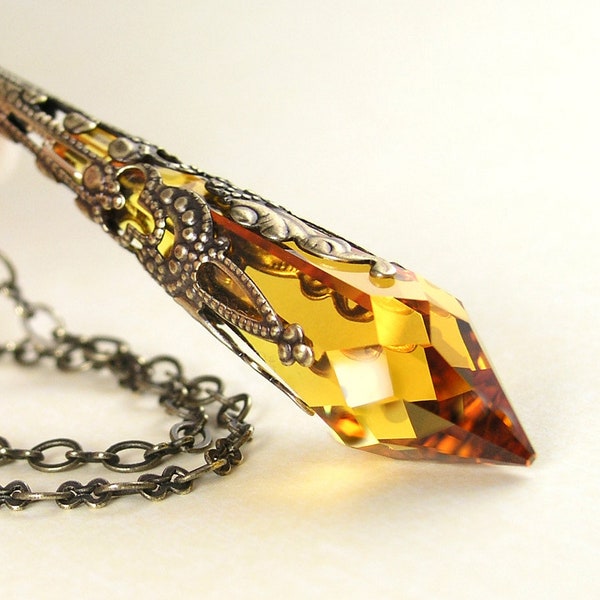 Topaz Crystal Necklace, Antique Gold Brass, RARE Swarovski Crystal Pendant Prism, November Birthstone Jewelry