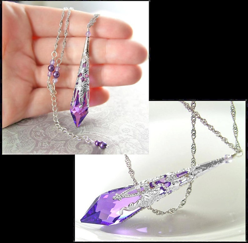 Amethyst Purple Necklace, Sterling Silver, RARE Swarovski Violet Crystal Prism Pendant, Victorian Gift for Her, February Birthstone Jewelry image 4