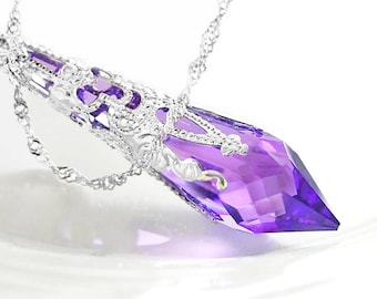 Purple Crystal Necklace Sterling Silver Necklace Swarovski Crystal Amethyst Necklace Silver Violet Purple Pendant Necklace Victorian Jewelry