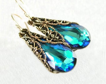 Ocean Blue Crystal Teardrop Earrings, RARE Swarovski Crystal, Aqua Peacock Blue Drop Dangle, Antique Gold Filigree, Victorian Style Jewelry