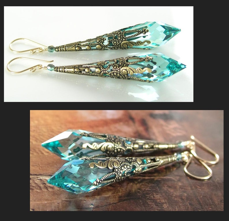 Aquamarine Turquoise Drop Earrings, RARE Swarovski Green Seafoam Crystal, Vintage Antique Gold Long Dangle, March December Birthstone image 3
