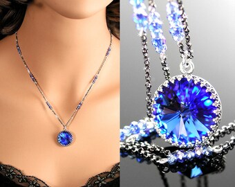 Swarovski Crystal Dark Blue Sapphire Pendant Necklace, Sterling Silver, September Birthstone Jewelry