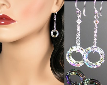 Eternity Circle Earrings, Sterling Silver, RARE Aurora Borealis Swarovski Clear Crystal AB, Open Circle Ring Dangle Charm
