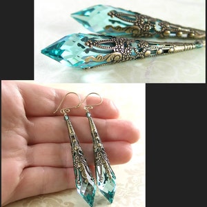 Aquamarine Turquoise Drop Earrings, RARE Swarovski Green Seafoam Crystal, Vintage Antique Gold Long Dangle, March December Birthstone image 2