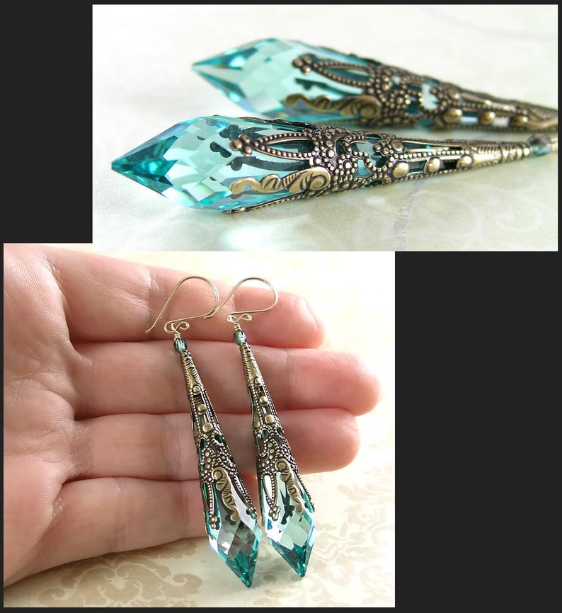 Aquamarine Turquoise Drop Earrings, RARE Swarovski Green Seafoam Crystal, Vintage Antique Gold Long Dangle, March December Birthstone image 2