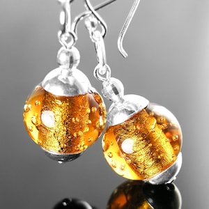Golden Topaz Murano Glass Drop Earrings, Sterling Silver, Authentic 24K Gold Foil Bead Dangle, November Birthstone, Venetian Glass Jewelry