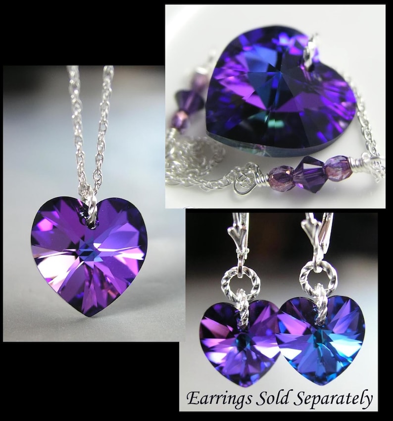 Purple Swarovski Crystal Heart Pendant Necklace, Sterling Silver, RARE Dark Iris Amethyst Charm, February Birthstone Valentines Day Jewelry image 5