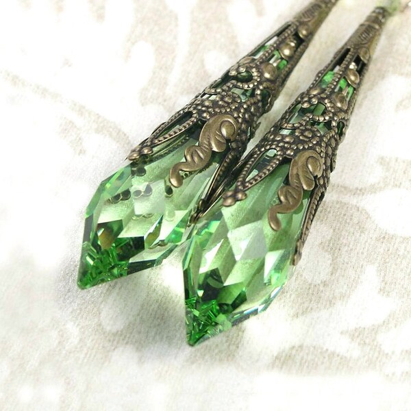Peridot Crystal Drop Earrings, RARE Swarovski Green Crystal Prism, Long Antique Gold Brass Vintage Victorian Earrings, August Birthstone