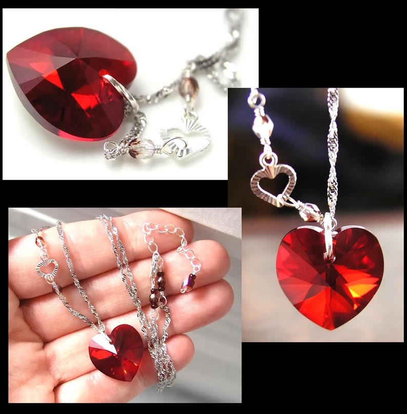 Garnet Red Heart Pendant Necklace, RARE Swarovski Ruby Red Crystal Heart, Sterling Silver, January Birthstone, Valentines Day Jewelry image 4