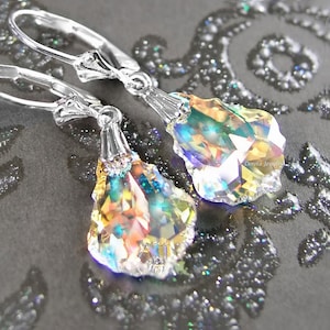 Aurora Borealis Drop Dangle Earrings, RARE Swarovski Crystal Drops, 925 Sterling Silver, Clear AB Teardrop Earrings