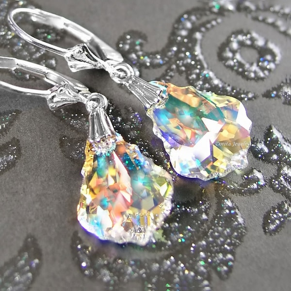 Swarovski Clear AB Crystal Earrings, Sterling Silver, Golden Aurora Borealis Drop Dangle Earrings, RARE Baroque Teardrop Earrings