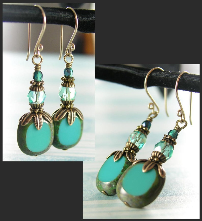 Turquoise Blue Bohemian Glass Earrings, Vintage Style Blue Bead Dangle Drop Earrings, Antique Gold Artisan Handmade Glass Jewelry image 2