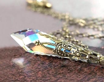 Vintage Swarovski Clear Aurora Borealis Crystal Necklace, Antique Gold Brass Victorian Style Teardrop Prism Pendant, April Birthstone Gift